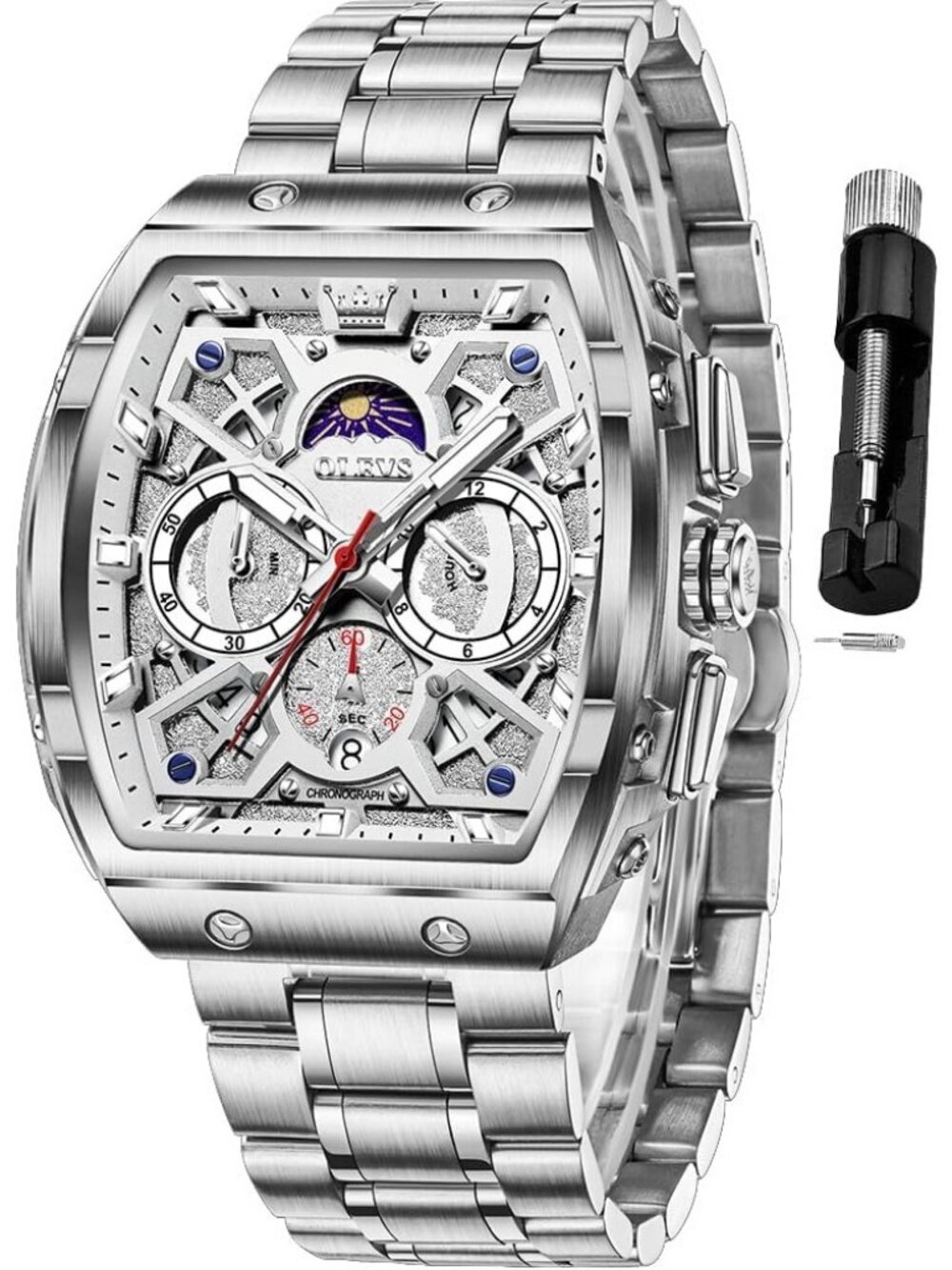 Men's Silver Chronograph Big Square Analog Stainless Steel Date Wrist Watch
